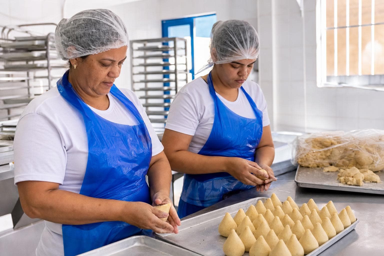 Funcionárias modelando coxinhas em bancada de inox em uma fábrica de salgados congelados
