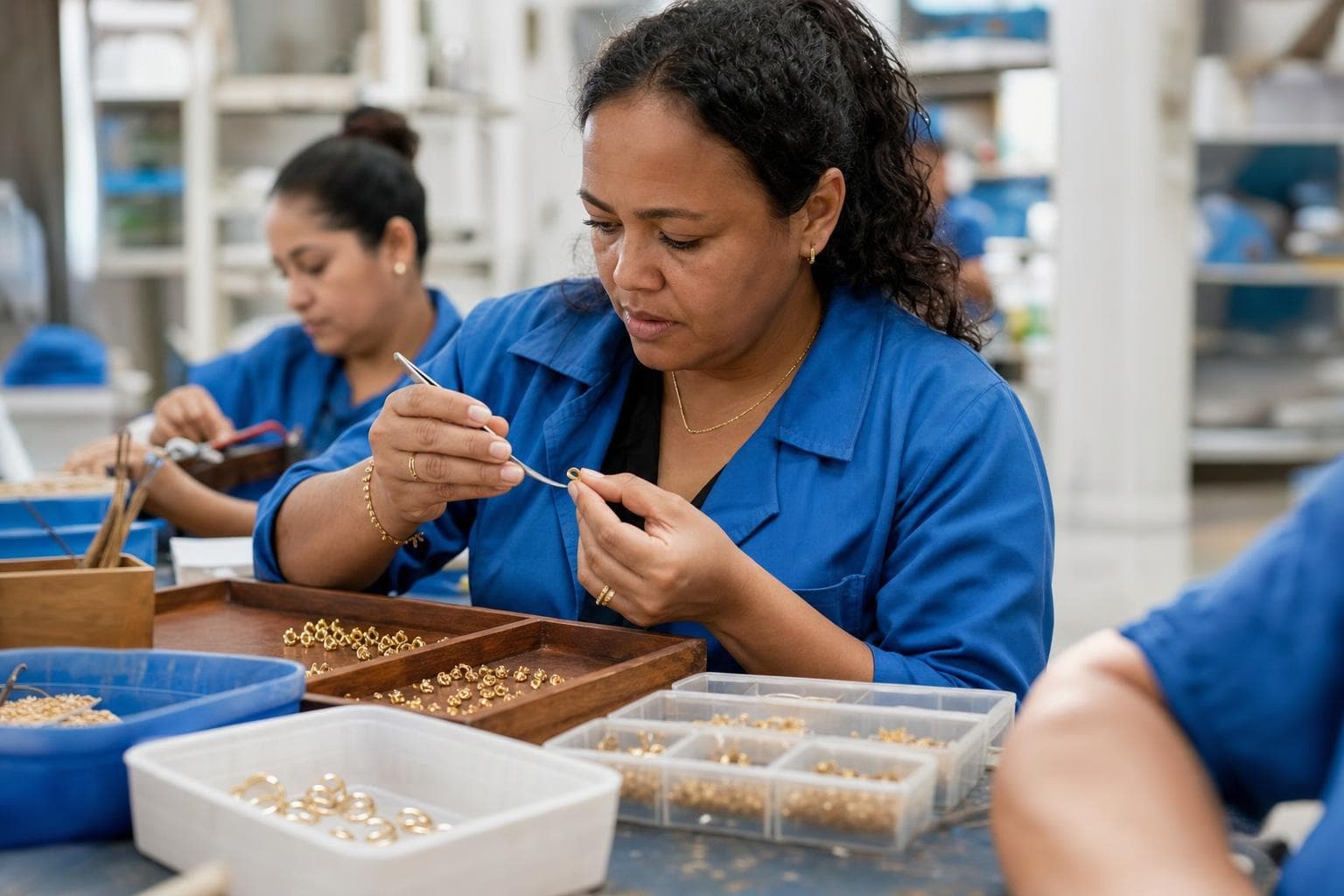Montadora conferindo brincos banhados a ouro em cartelas sobre a bancada de uma fábrica de semijoias