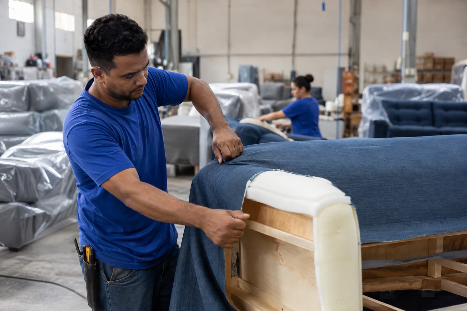 Estofador de camisa azul esticando tecido sobre a armação de um sofá com espuma numa fábrica, sofás prontos embalados em plástico ao fundo