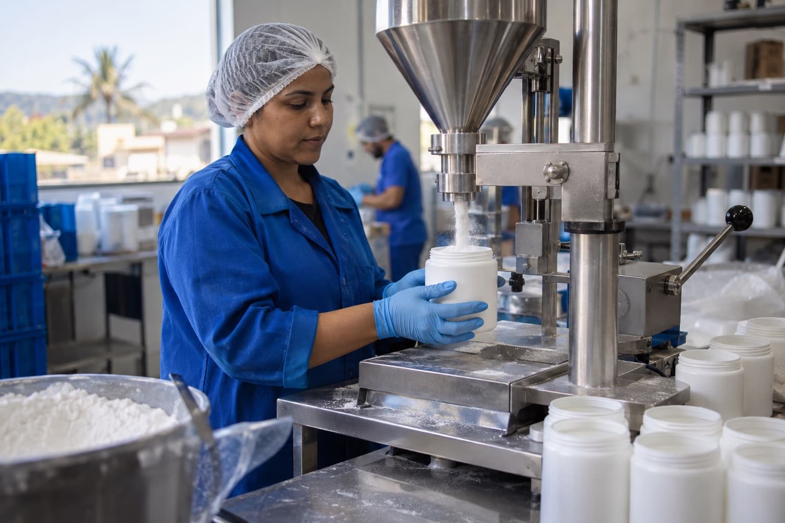 Operadora de jaleco azul e touca enchendo potes de suplemento em pó numa envasadora semiautomática