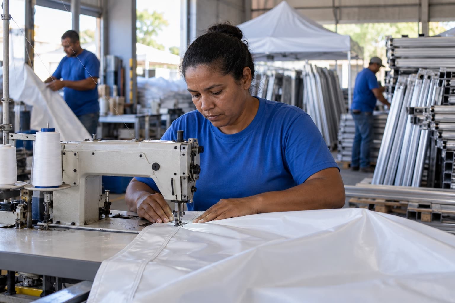 Costureiro de camiseta azul costurando lona branca de PVC em máquina industrial numa fábrica de tendas, com estruturas de alumínio empilhadas ao fundo