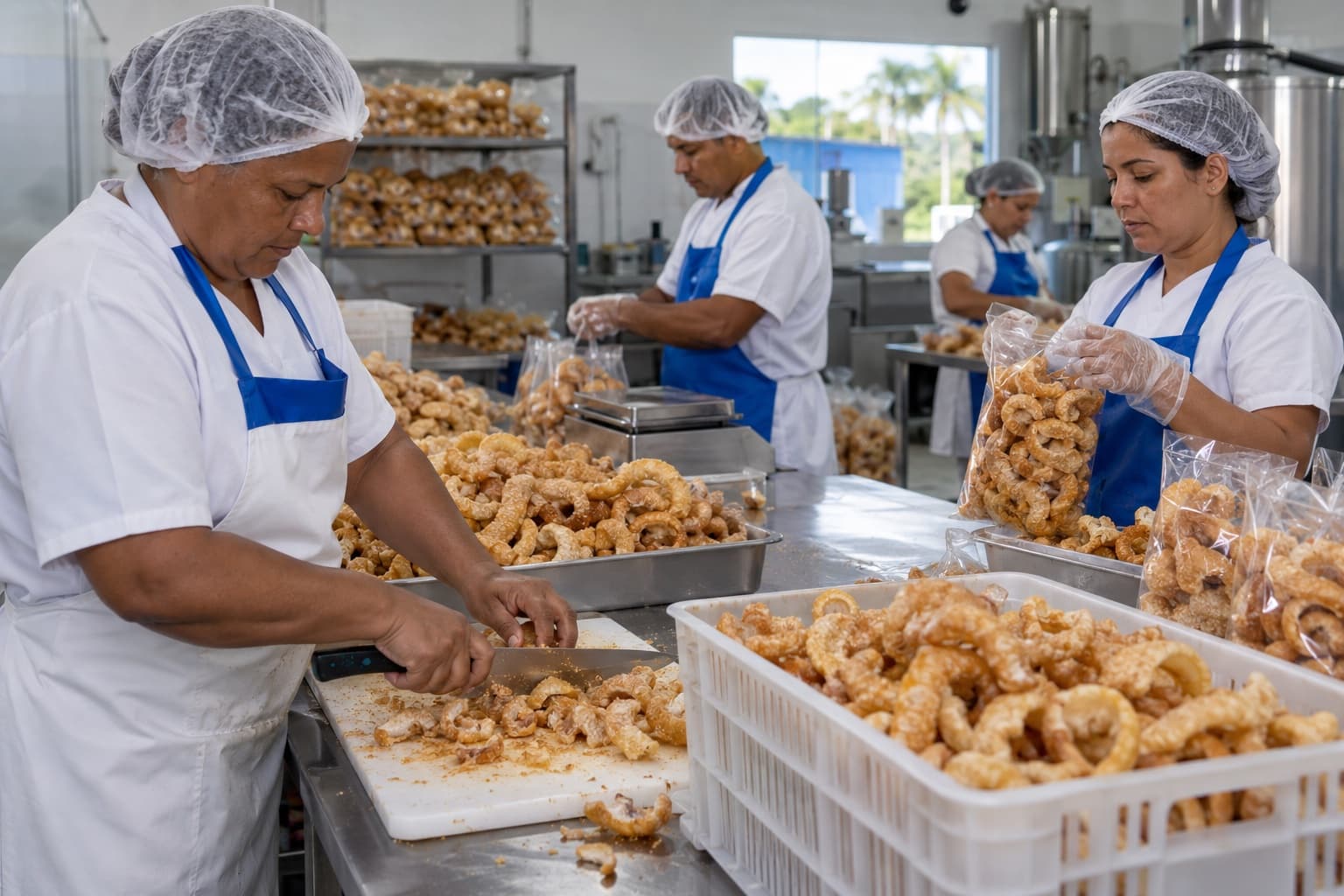 Funcionários de touca e uniforme branco com avental azul cortando e embalando torresmo crocante em mesas de inox de uma pequena fábrica