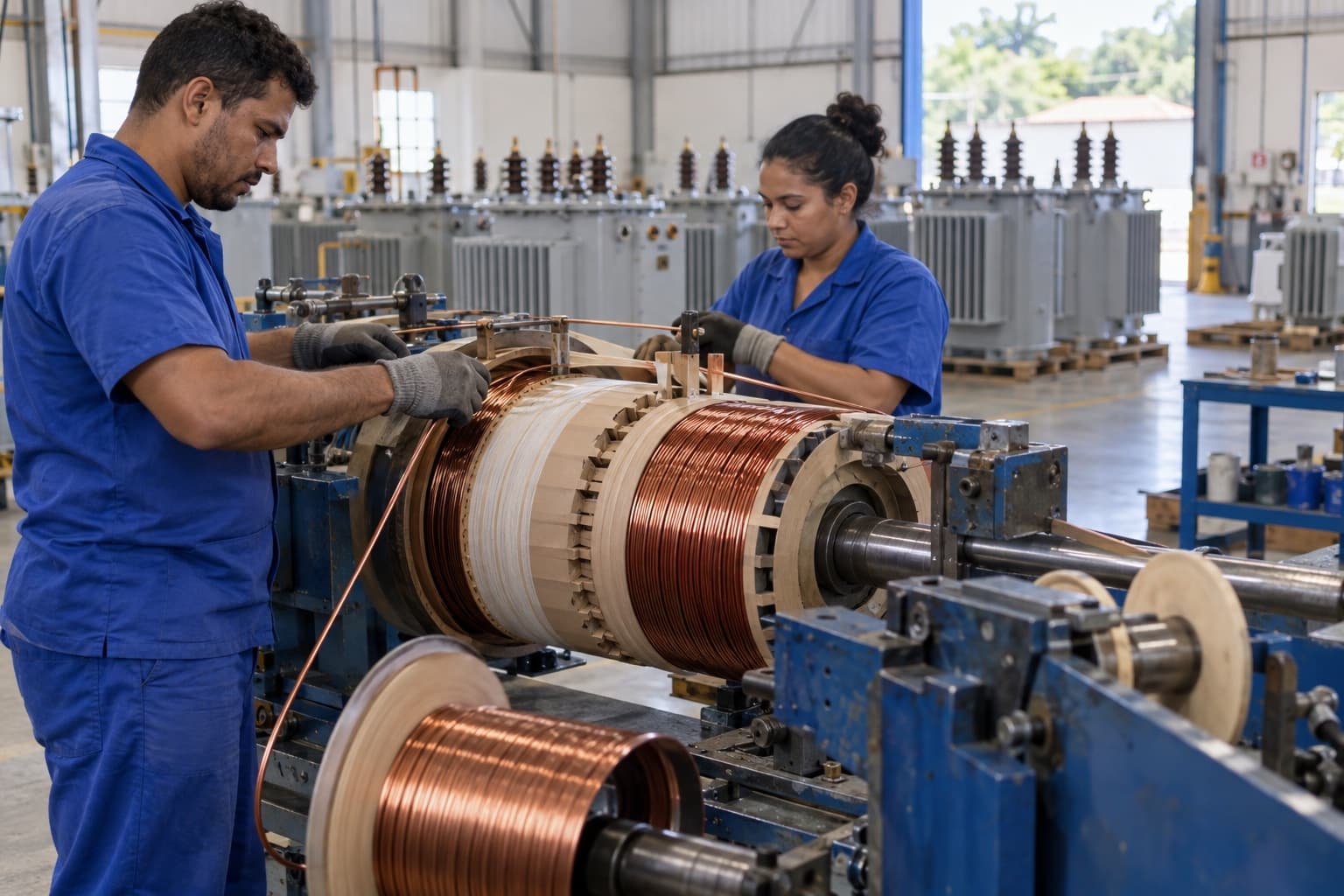 Dois funcionários de uniforme azul enrolando bobinas de cobre numa bobinadeira grande numa fábrica de transformadores, com transformadores de distribuição cinza ao fundo