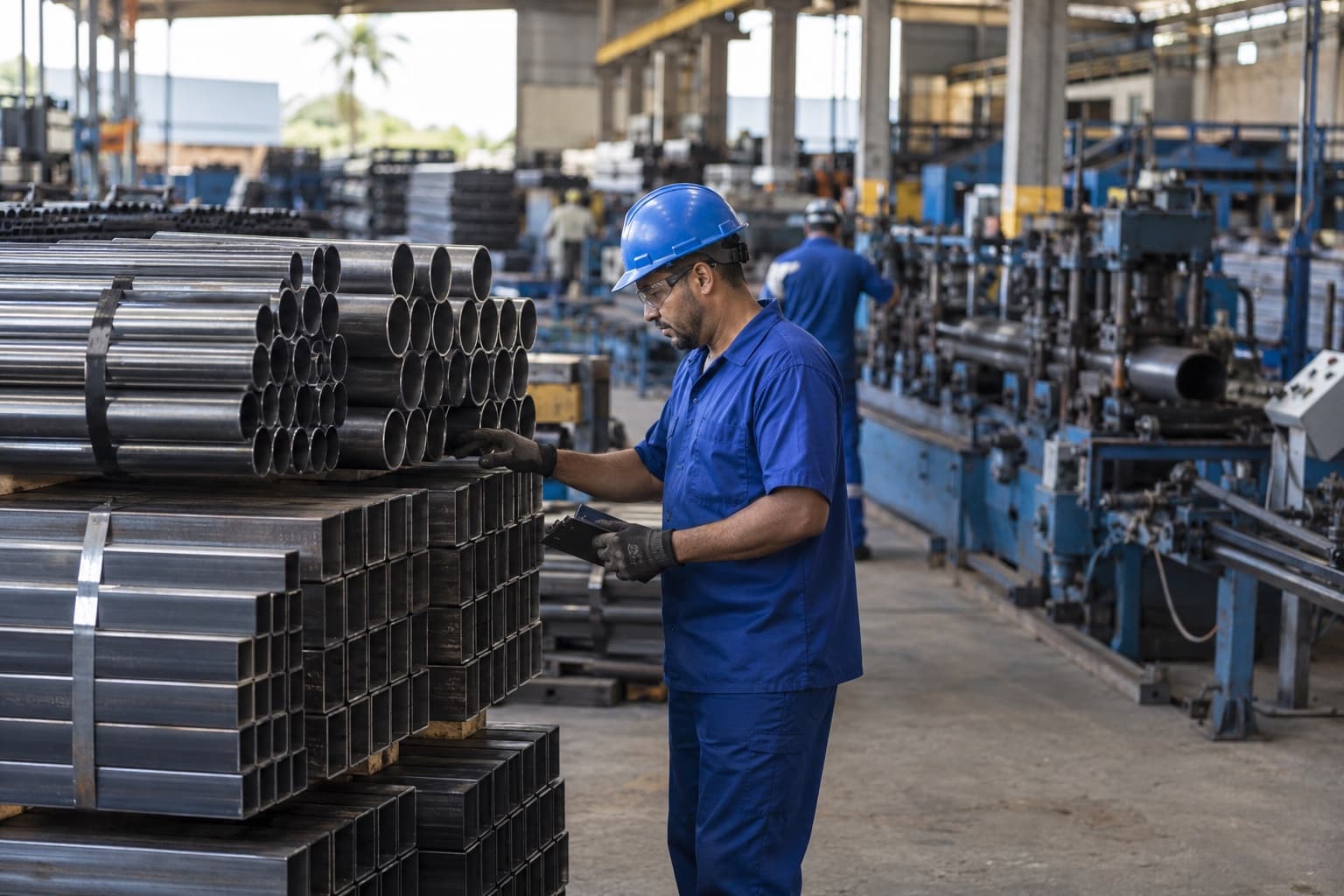 Operário de macacão azul e capacete inspecionando amarrados de tubos de aço redondos e quadrados, com a linha de conformação ao fundo