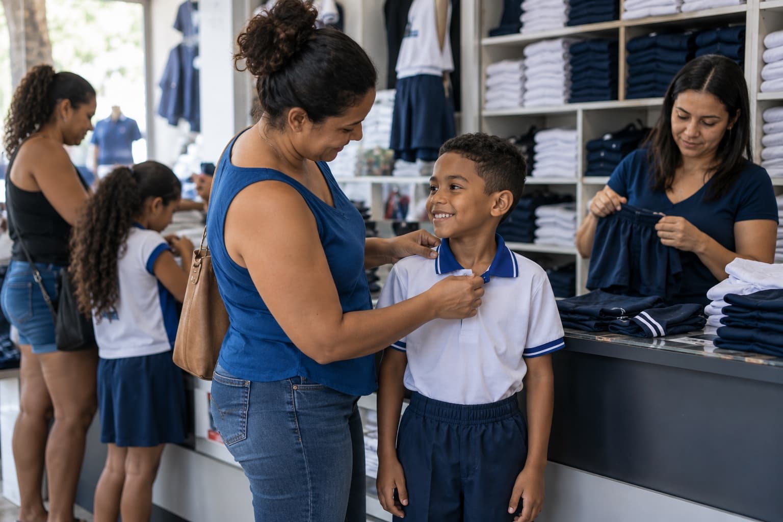 Mães e crianças experimentando uniformes escolares no balcão de um fornecedor com camisetas polo e bermudas organizadas por tamanho