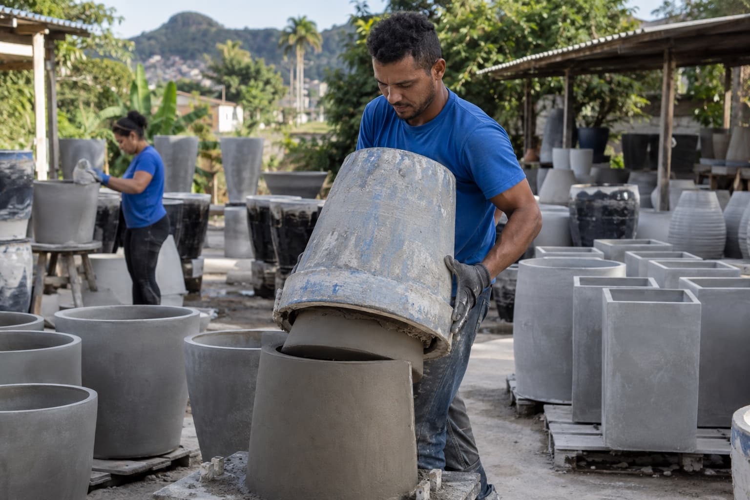 Funcionário de camisa azul desenformando um vaso grande de cimento num pátio de fábrica, com fileiras de vasos de concreto e fibra secando