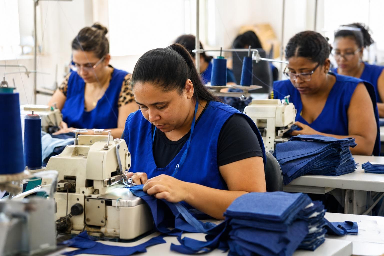 Costureiras trabalhando em máquinas retas em fila numa facção de costura