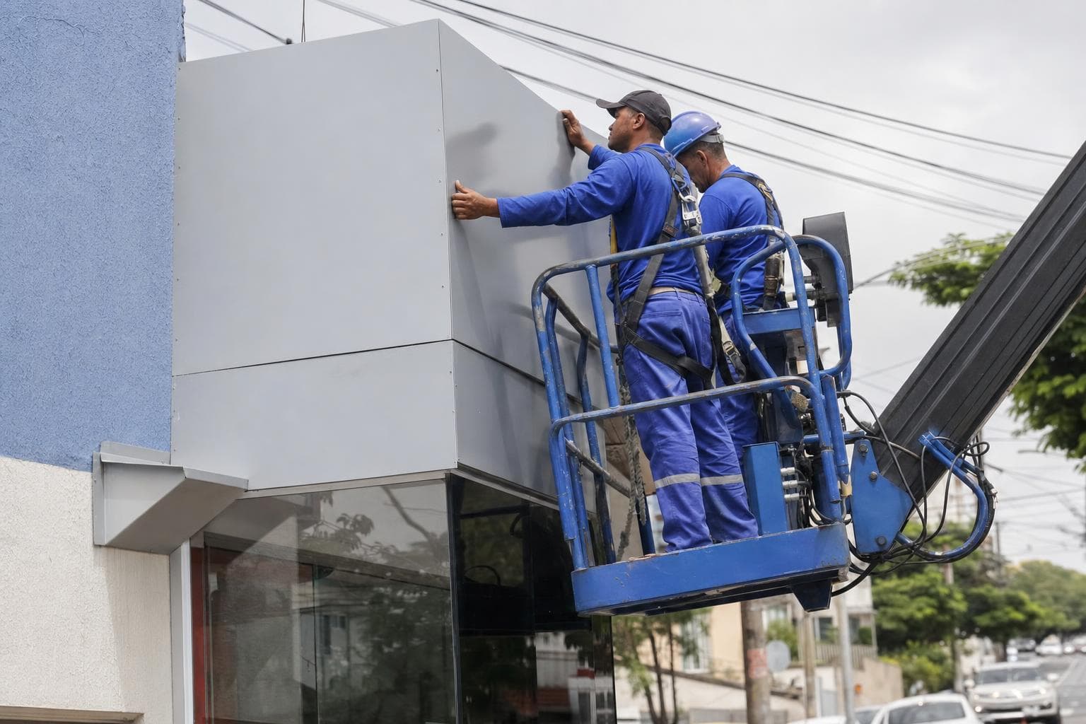 Dois instaladores em plataforma elevatória fixando painéis de ACM na fachada de uma loja