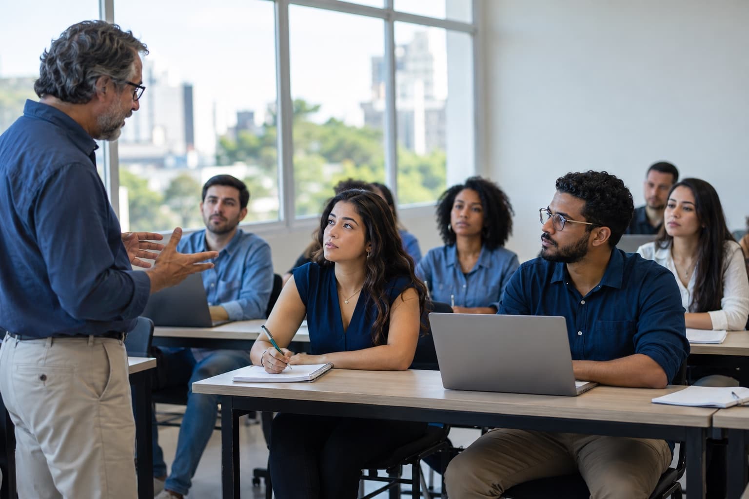 Sala de aula de faculdade particular com estudantes adultos anotando em cadernos e notebooks enquanto o professor dá aula, com janelas amplas