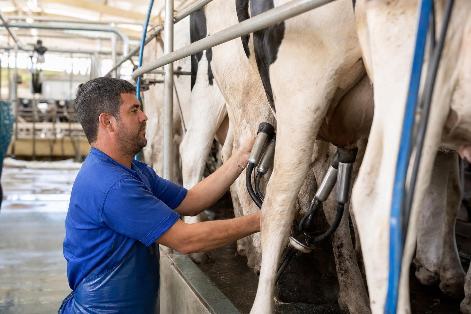 Produtor conectando ordenhadeira mecânica em vacas holandesas em uma sala de ordenha