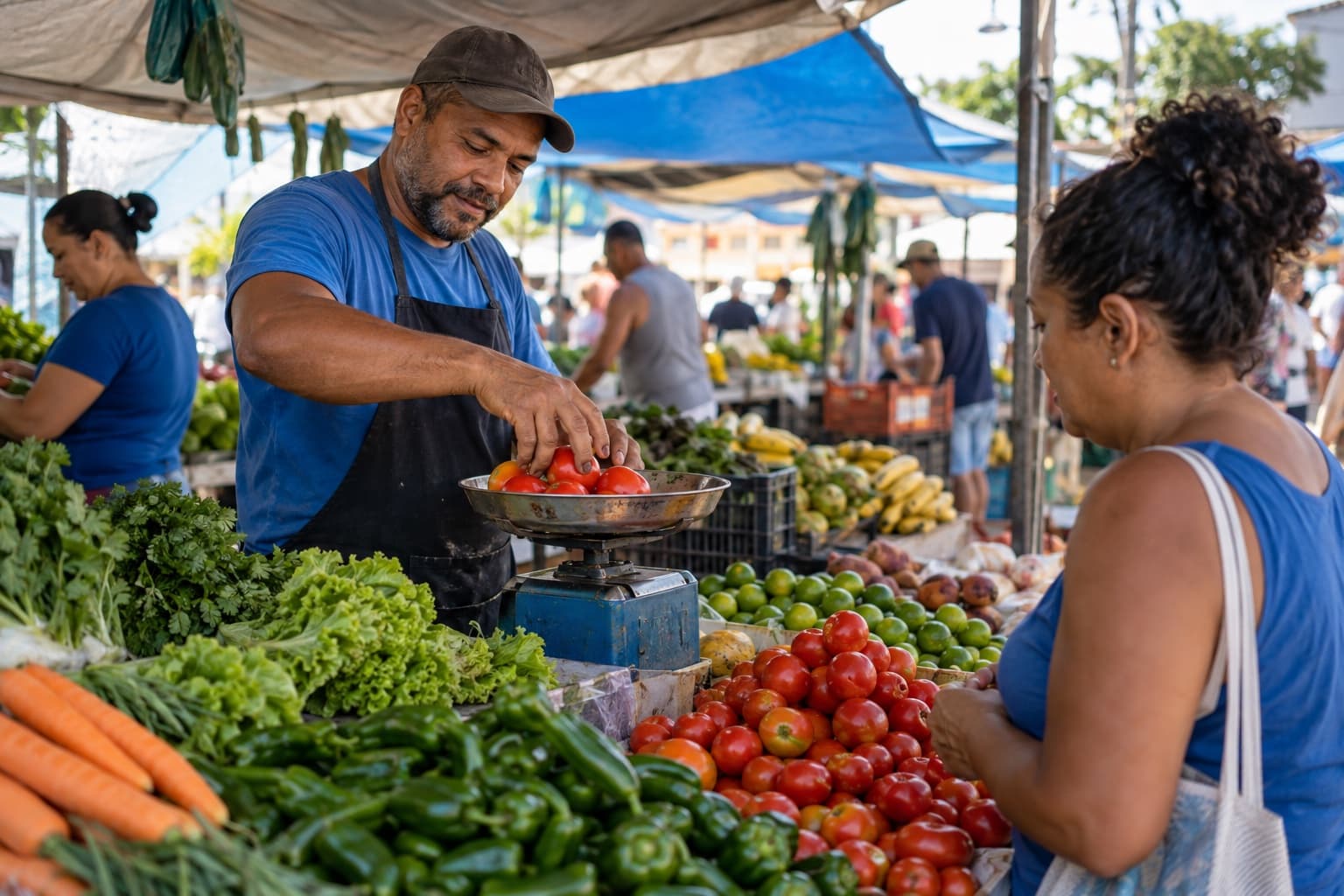 Feirante pesando tomates na balança de uma banca de frutas e legumes sob a lona