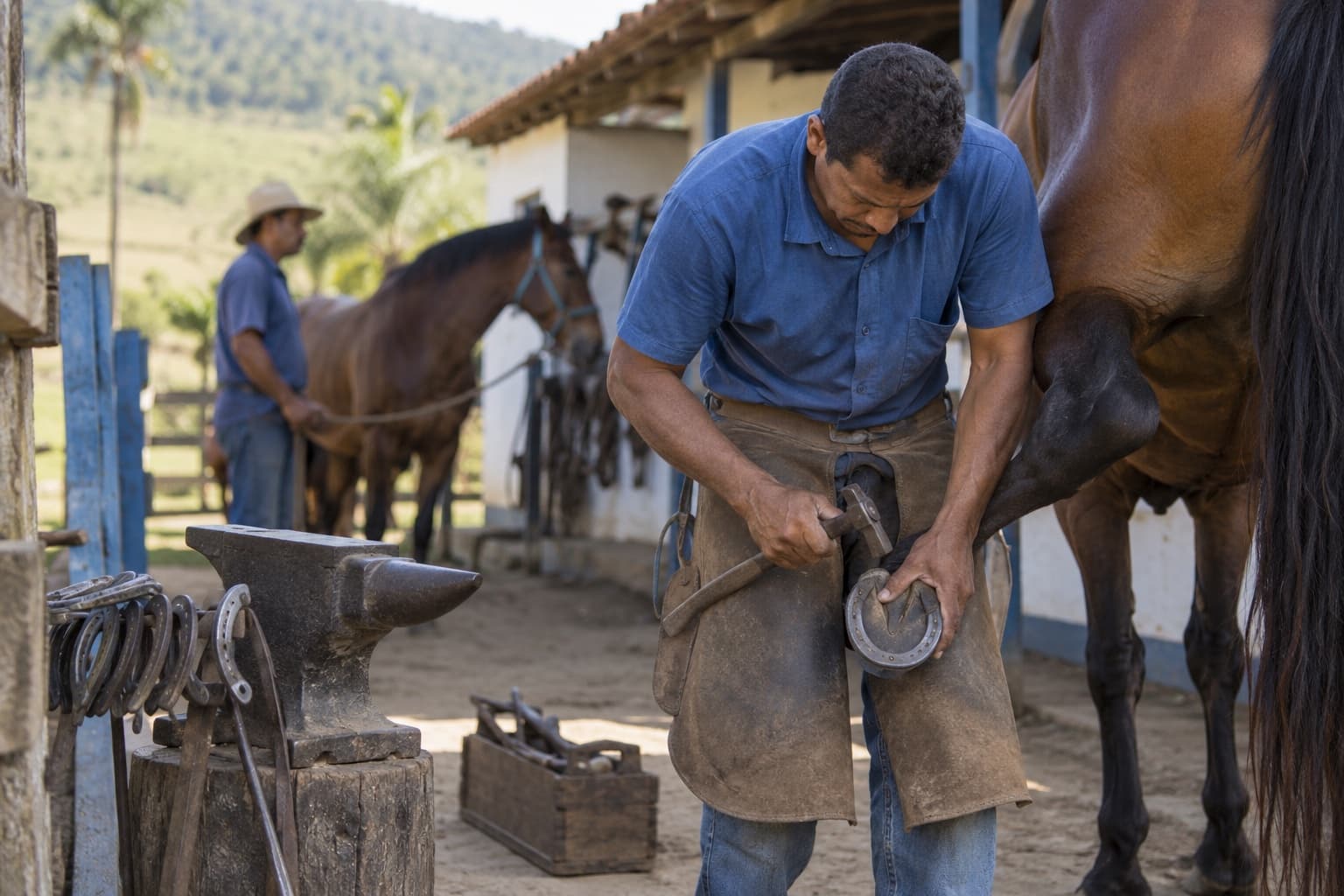 Ferrador de camisa azul e avental de couro ferrando um cavalo num pátio de estábulo, segurando o casco sobre o joelho, com bigorna e ferraduras ao lado