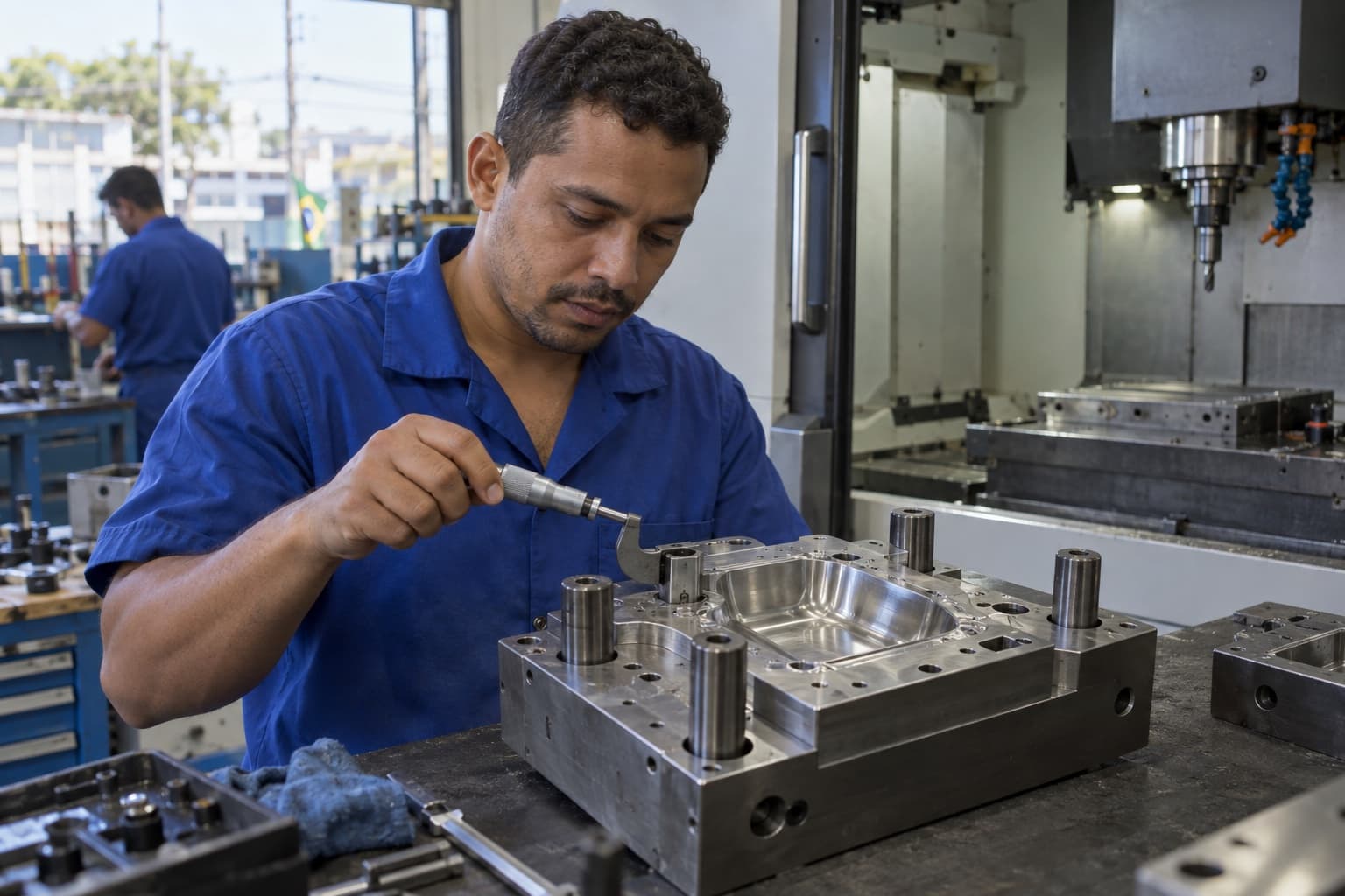 Ferramenteiro de uniforme azul medindo a cavidade de um molde de injeção com micrômetro ao lado de uma fresadora CNC