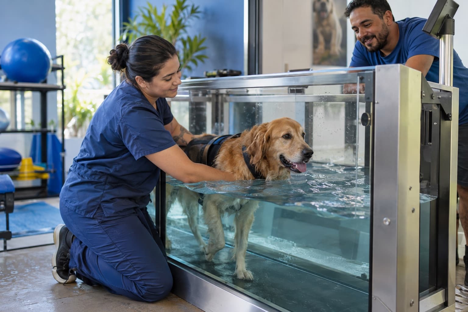 Fisioterapeuta veterinária de camiseta azul ajudando um cachorro a caminhar numa esteira aquática enquanto a tutora acompanha do lado de fora
