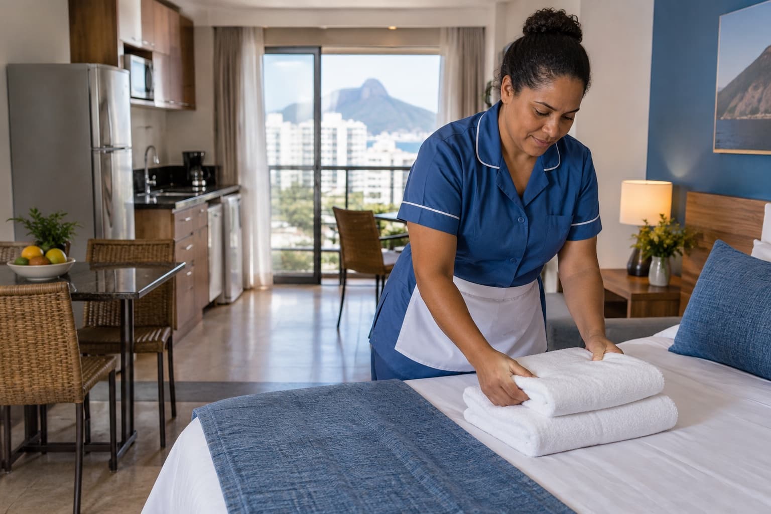 Estúdio mobiliado de apart-hotel com cozinha compacta e cama, com uma camareira de uniforme azul arrumando toalhas
