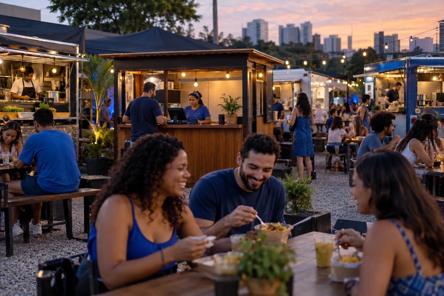 Food park ao entardecer com food trucks ao redor de mesas compartilhadas sob varal de lâmpadas e um quiosque de caixa central com atendente de camisa azul