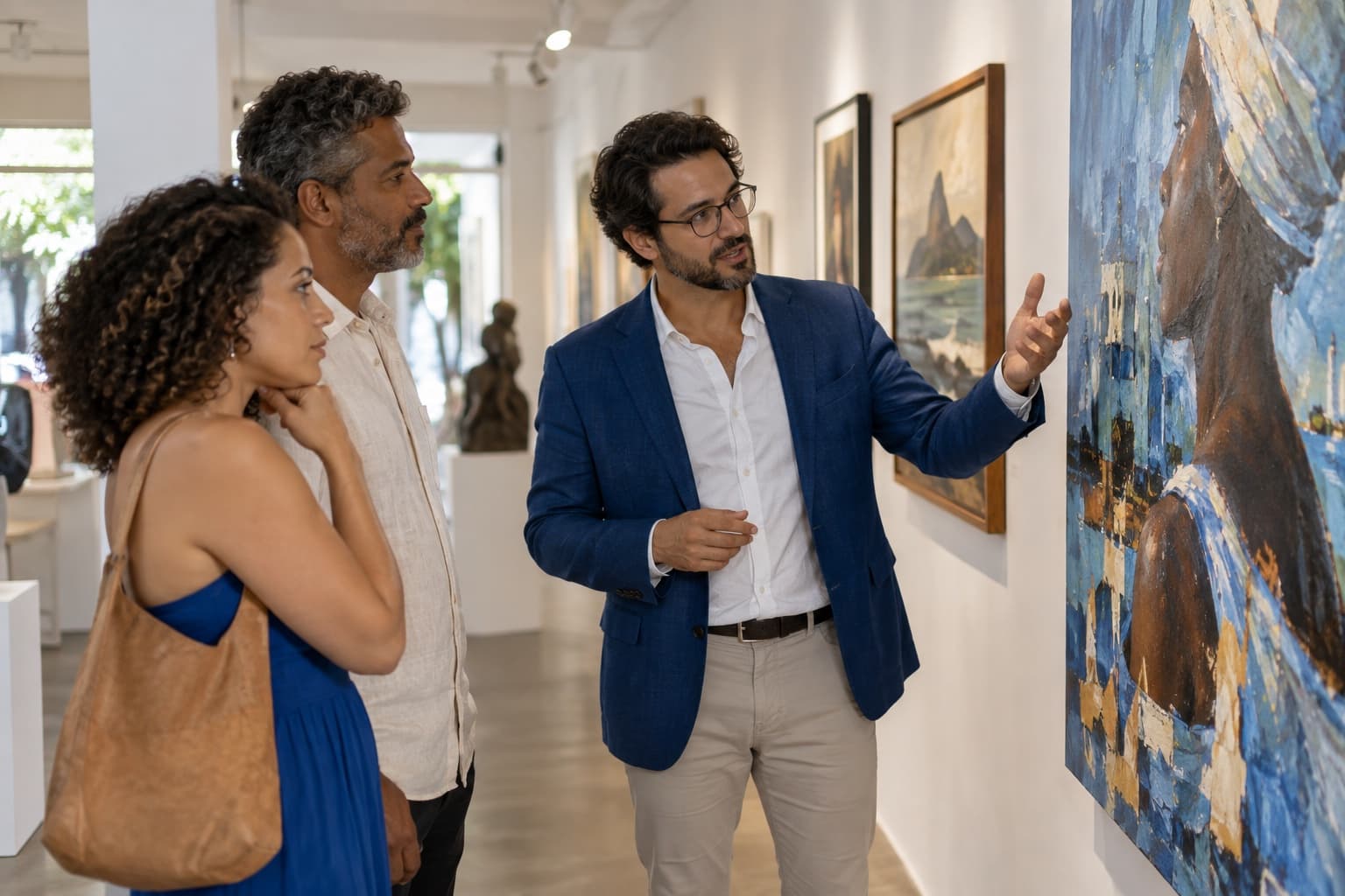 Galerista de blazer azul mostrando uma pintura grande a um casal de colecionadores numa galeria de paredes brancas com obras emolduradas e luz suave