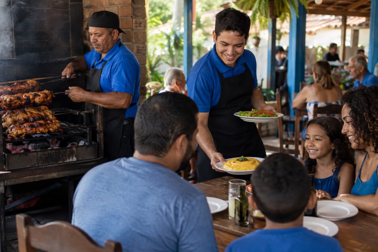 Churrasqueiro virando espetos de galeto na brasa de uma galeteria enquanto um garçom de camisa azul serve polenta frita e salada a uma família