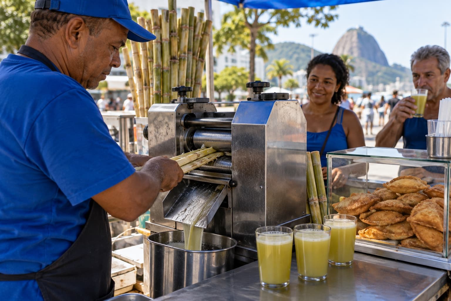 Vendedor de camiseta azul passando cana descascada na moenda de uma garapeira de rua, com copos de caldo e pastéis no balcão