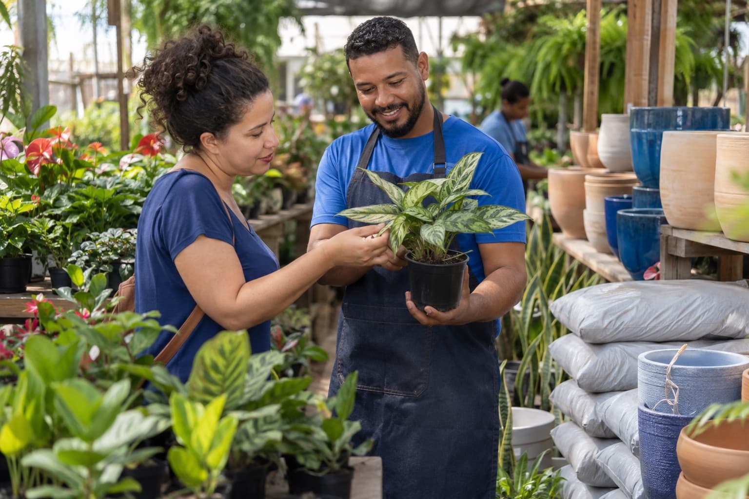 Funcionária de garden center ajudando um cliente a escolher uma planta entre fileiras de vasos