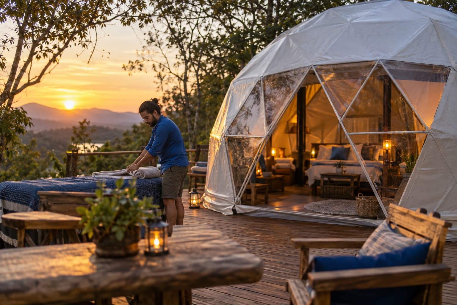 Anfitrião de camisa azul preparando um domo geodésico de glamping com deque de madeira cercado de mata ao entardecer