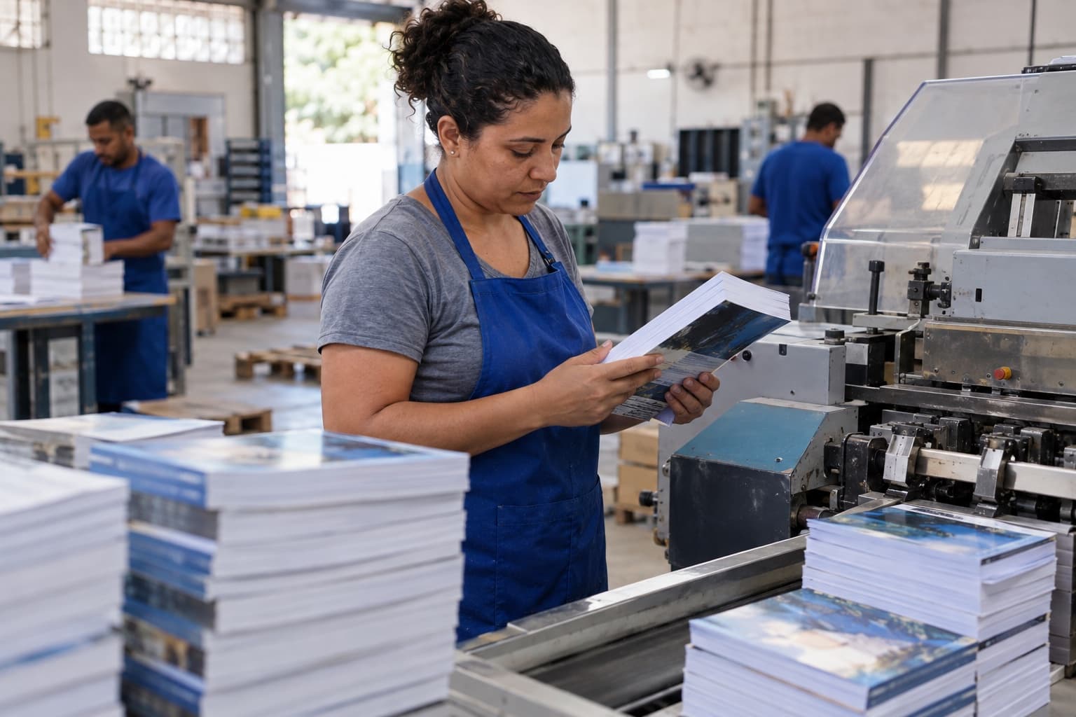 Trabalhador de avental azul conferindo miolos de livros recém-impressos em uma máquina de encadernação em uma gráfica de livros, com pilhas de livros ao redor