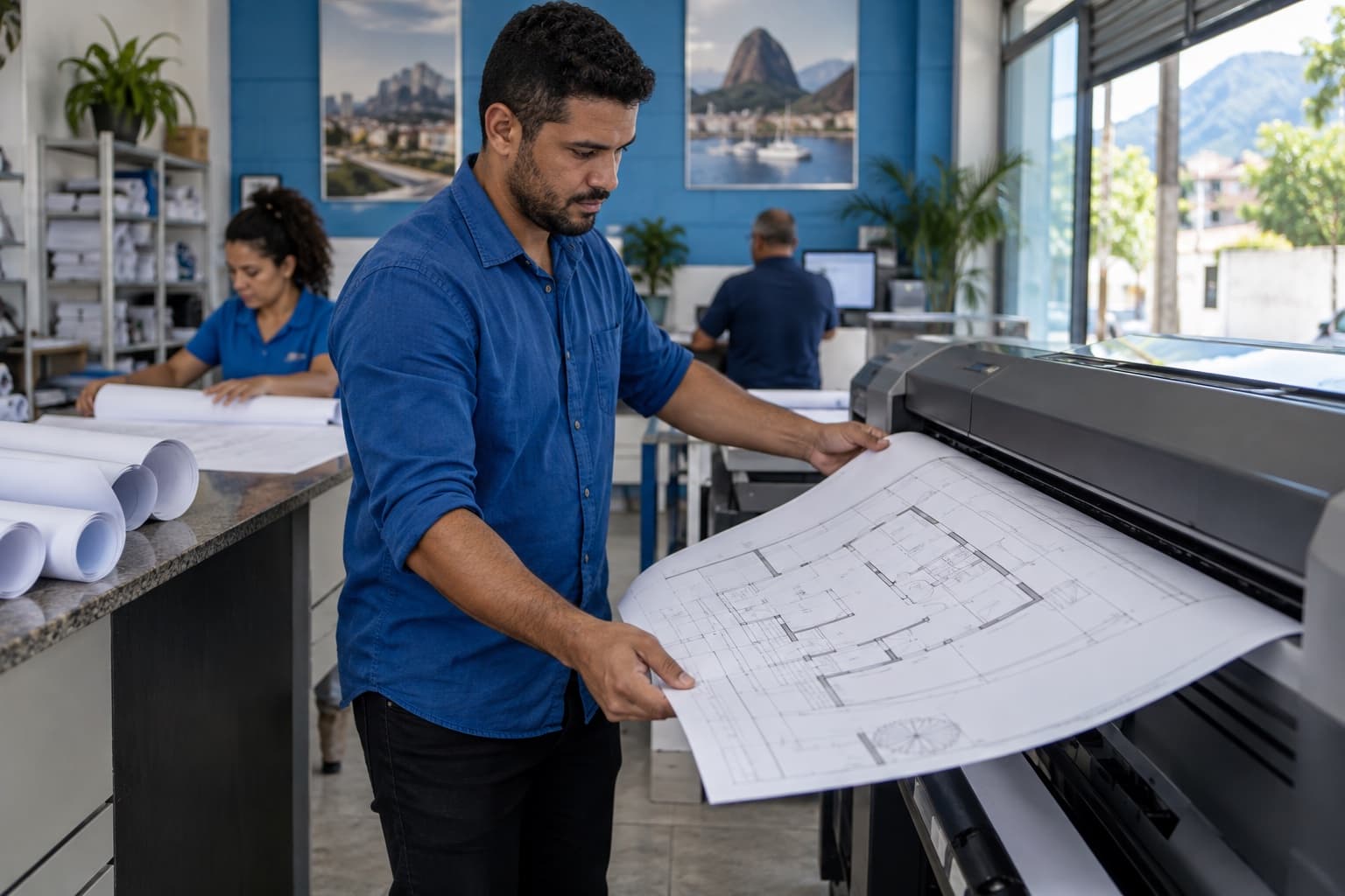Atendente de camisa azul retirando uma planta de arquitetura impressa de um plotter de grande formato, com projetos enrolados sobre o balcão
