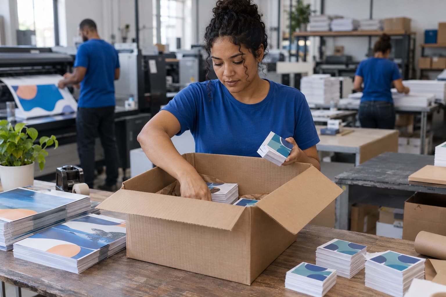 Funcionário de camisa azul embalando cartões de visita e panfletos impressos em uma caixa de papelão na mesa de expedição de uma gráfica online