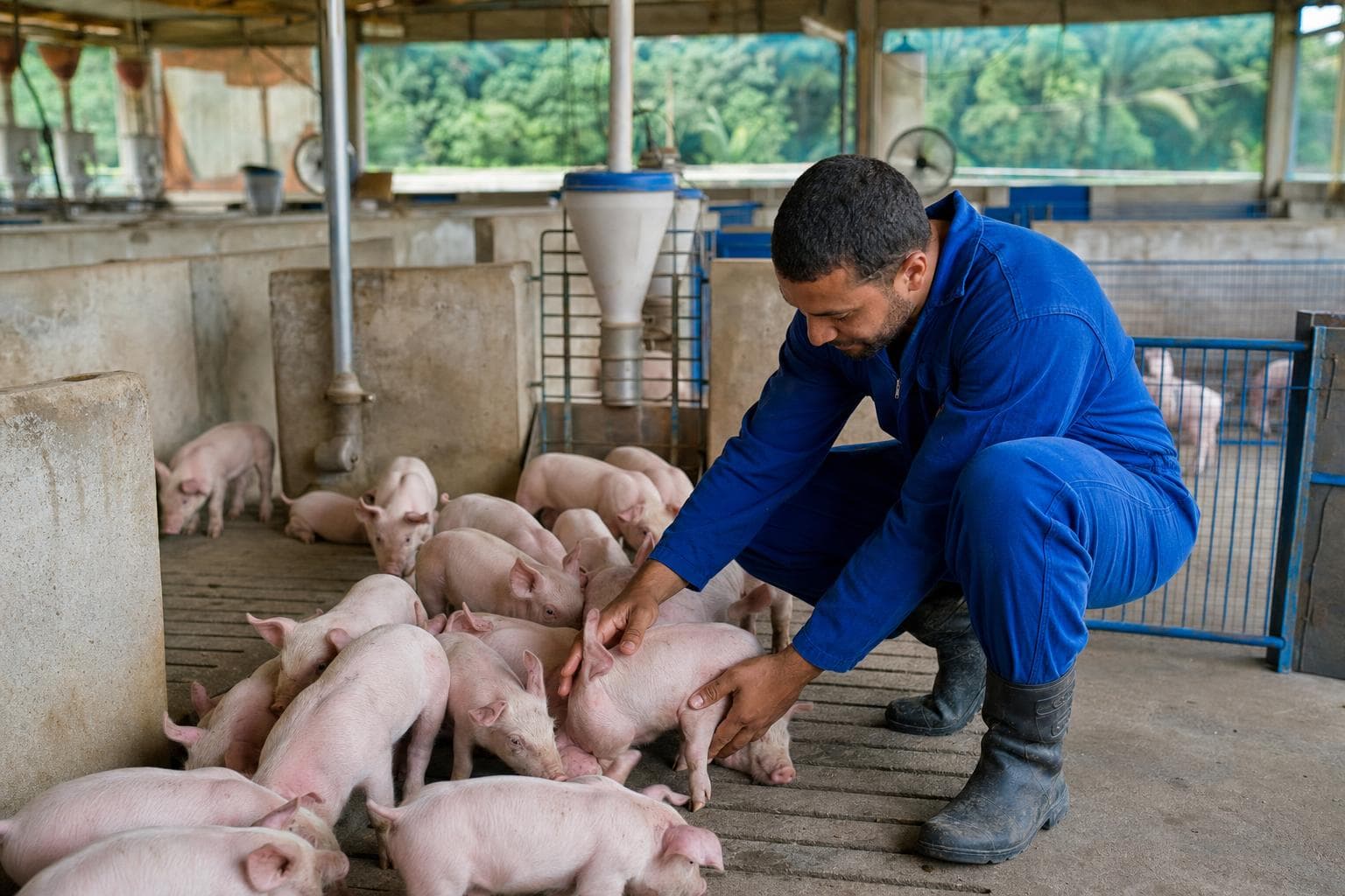 Granjeiro conferindo leitões em baias de uma granja de suínos limpa e ventilada
