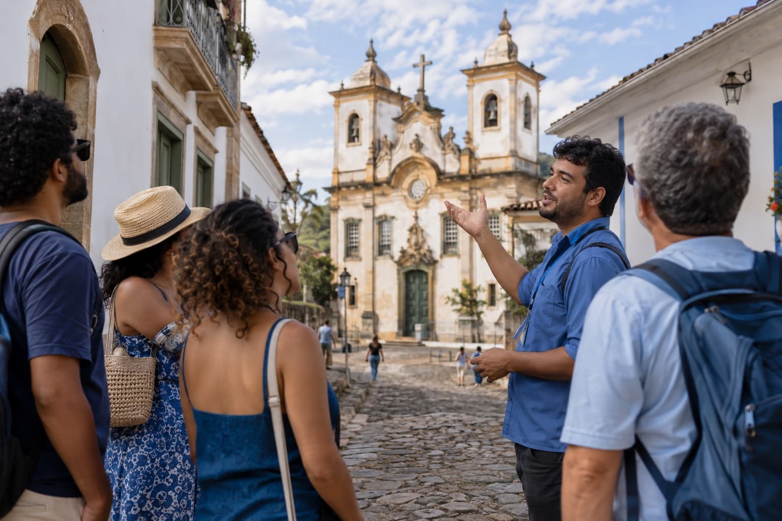 Guia de turismo de camisa azul explicando a fachada de uma igreja colonial para um pequeno grupo de turistas em rua de pedra de uma cidade histórica