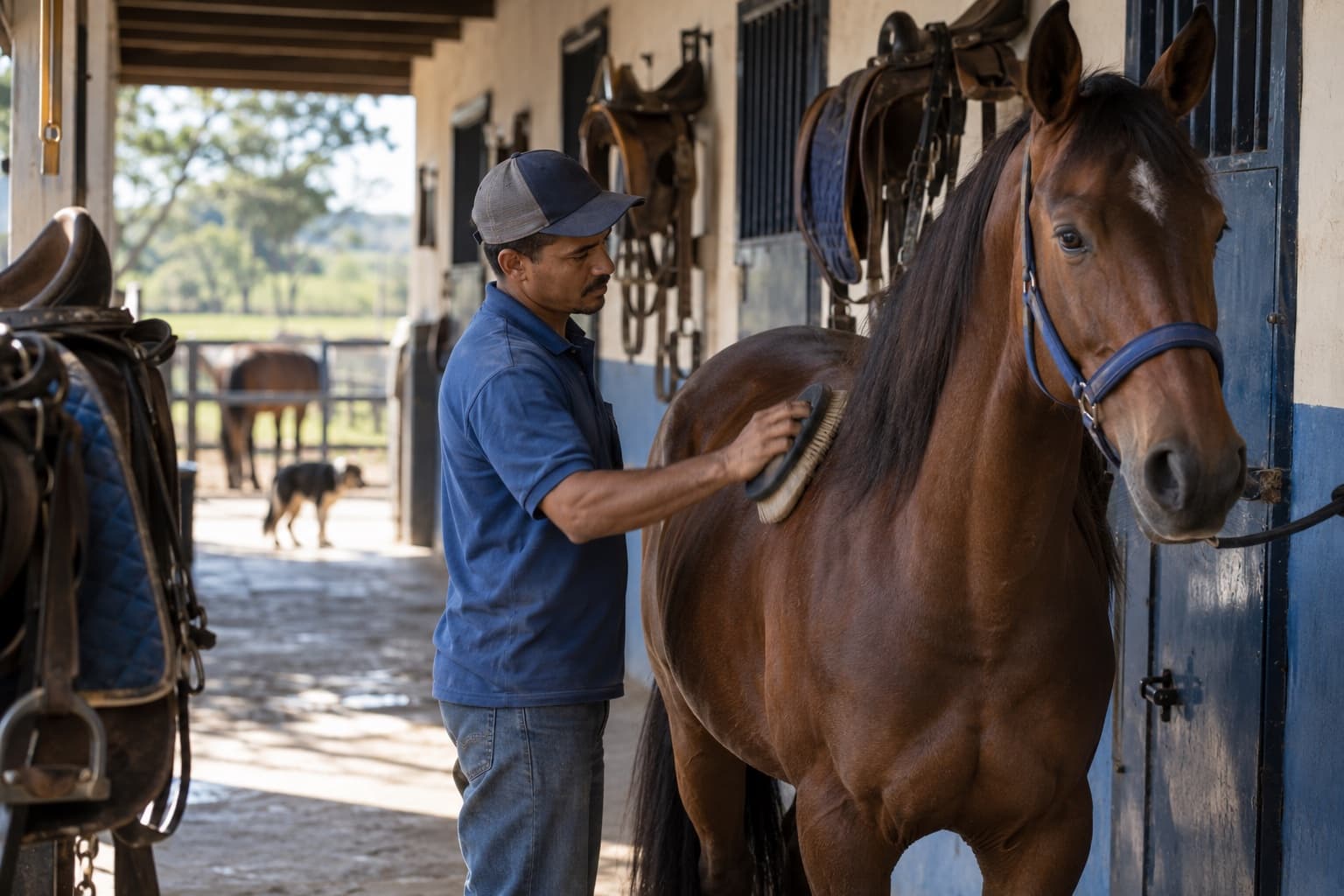 Tratador escovando um cavalo marrom no corredor de baias de um haras