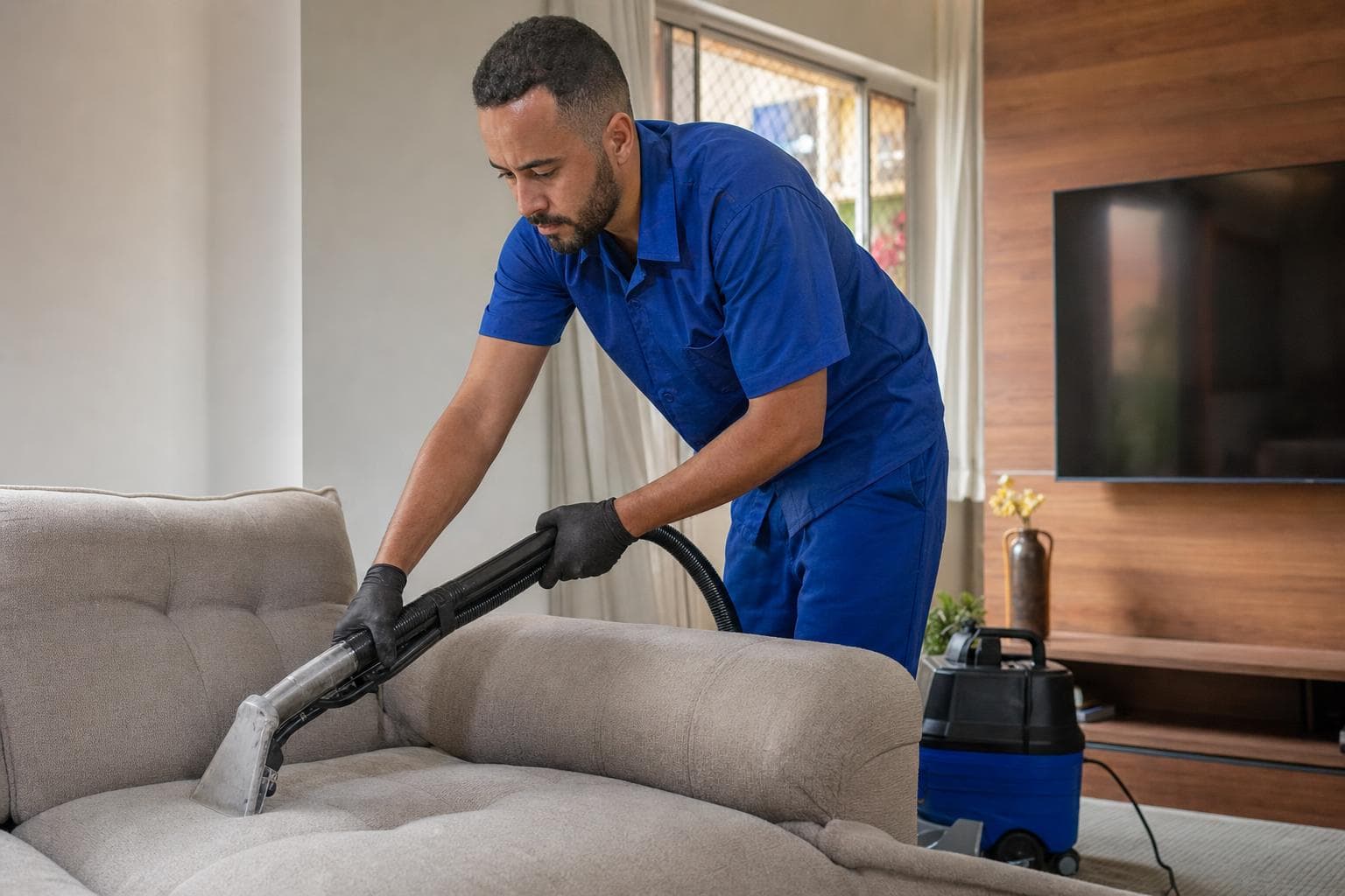 Técnico higienizando um sofá com extratora em uma sala de estar