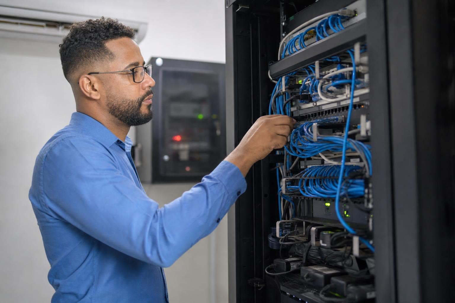 Profissional de TI verificando servidores em um rack de uma sala técnica pequena com cabos organizados