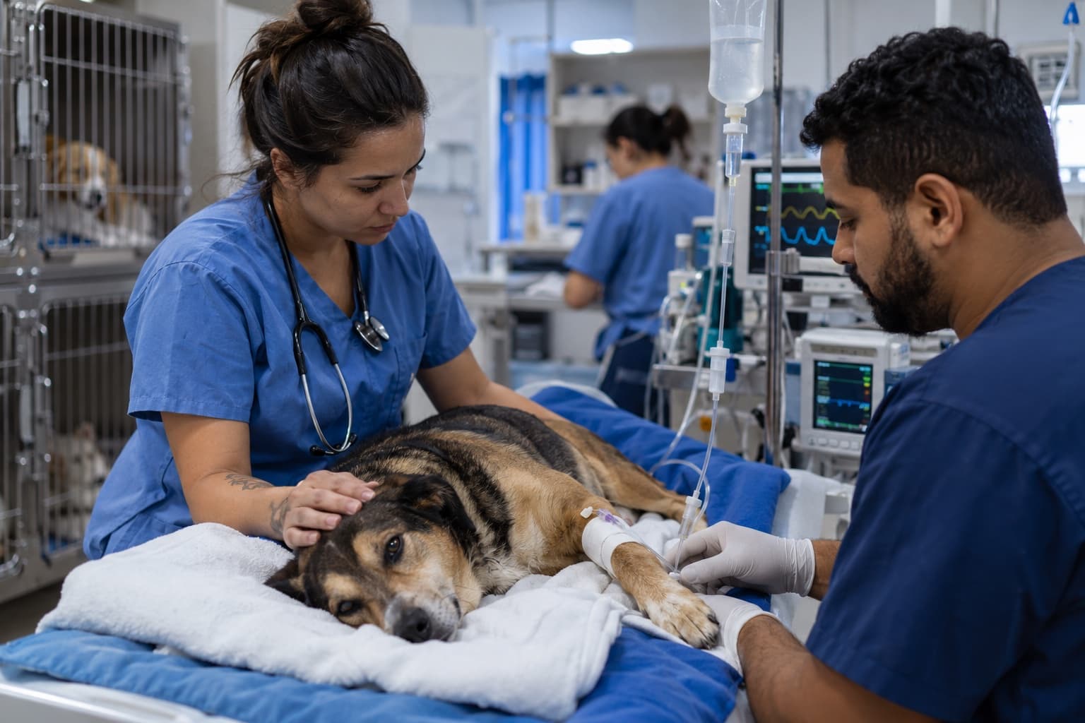 Equipe veterinária de pijama cirúrgico azul monitorando um cachorro com soro na internação de um hospital veterinário, com baias e monitores ao fundo