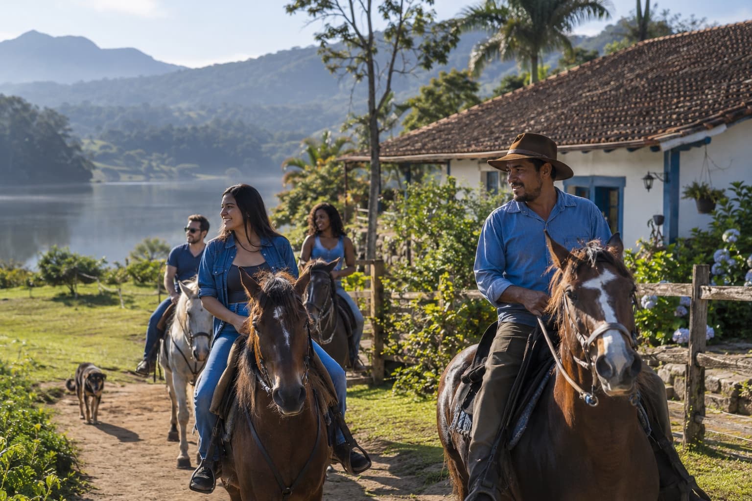 Hóspedes cavalgando com um guia perto de um hotel fazenda rústico à beira de um lago pela manhã
