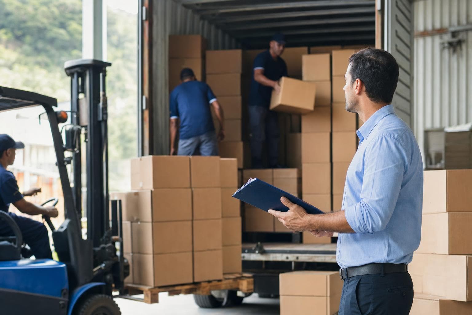 Analista conferindo caixas de um contêiner recém-aberto em um galpão de importadora