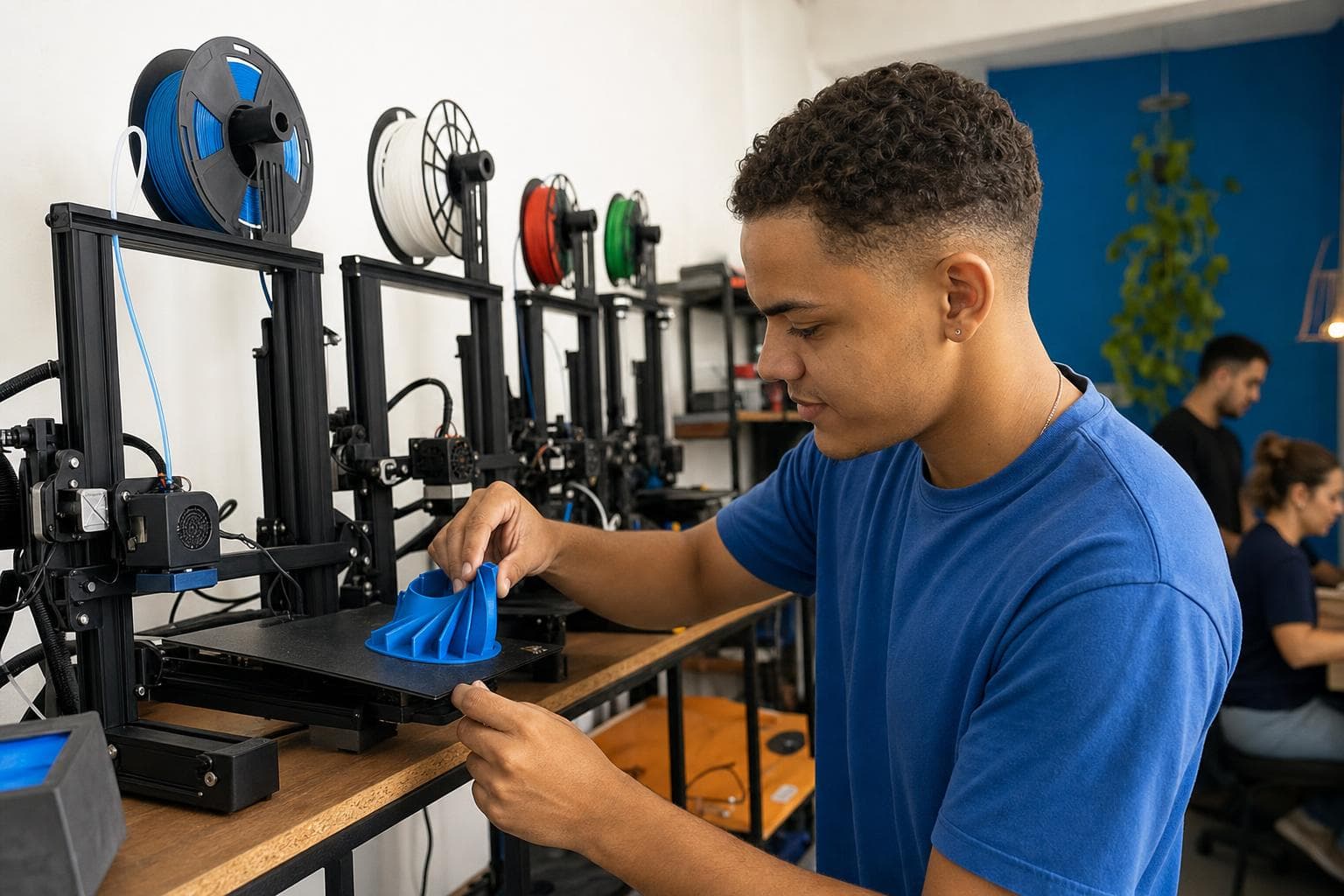 Técnico de camiseta azul retirando uma peça recém-impressa da mesa de uma impressora 3D em um pequeno estúdio