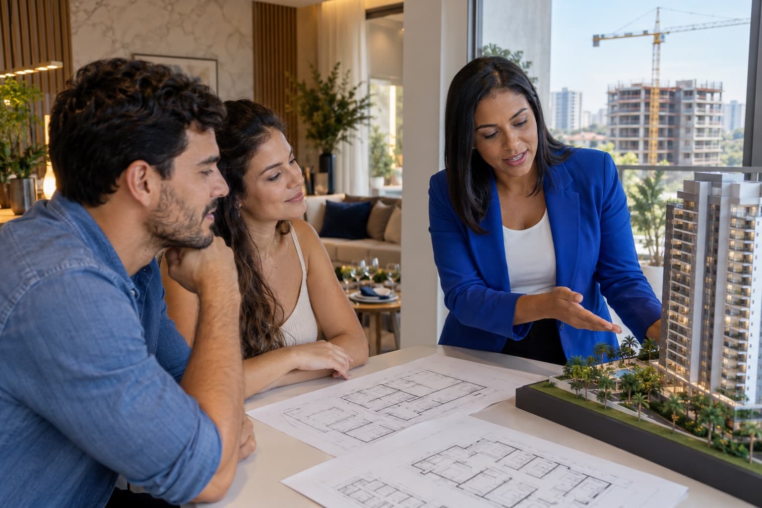 Corretora de blazer azul mostrando a maquete de um prédio residencial a um casal jovem num apartamento decorado, com plantas sobre a mesa e um guindaste visto pela janela