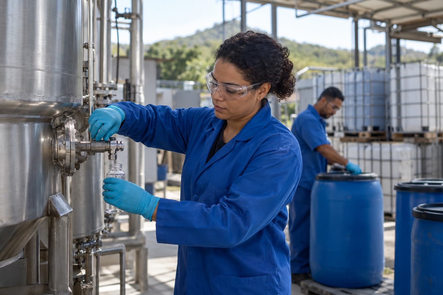 Químico de jaleco azul e óculos de proteção coletando amostra na válvula de um reator de inox, com tambores e contêineres IBC ao fundo