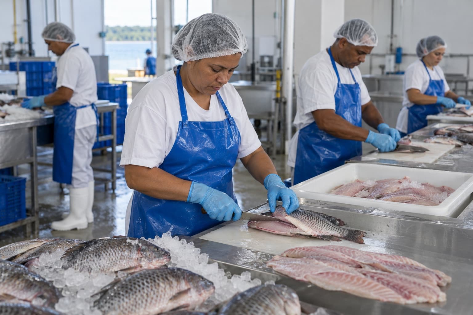 Trabalhadores de avental azul, botas brancas e touca filetando tilápias em mesas de inox com gelo, em indústria de pescado