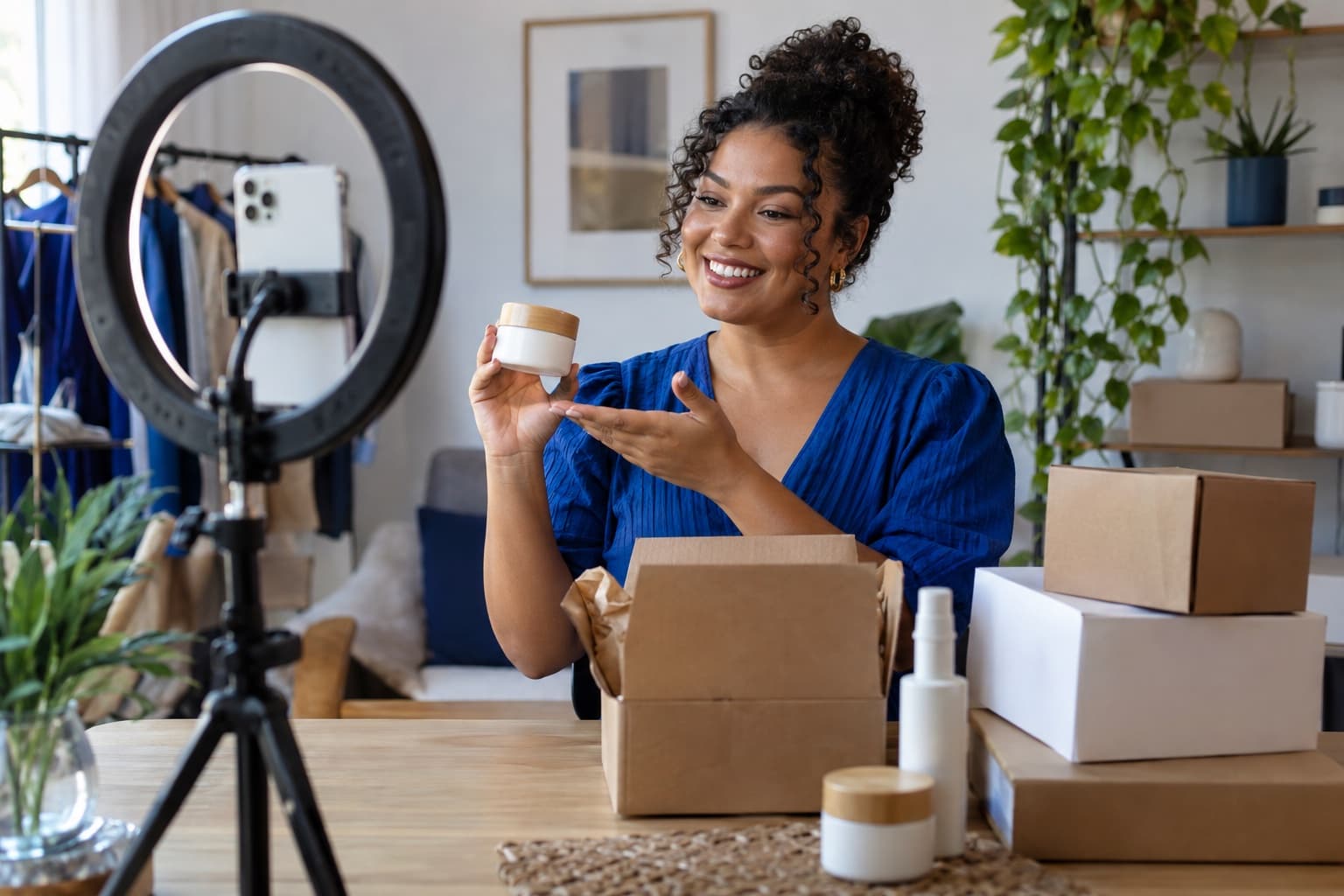 Criadora de conteúdo de blusa azul gravando uma resenha de produto com o celular num tripé com ring light, em estúdio caseiro com caixas de produtos de marcas