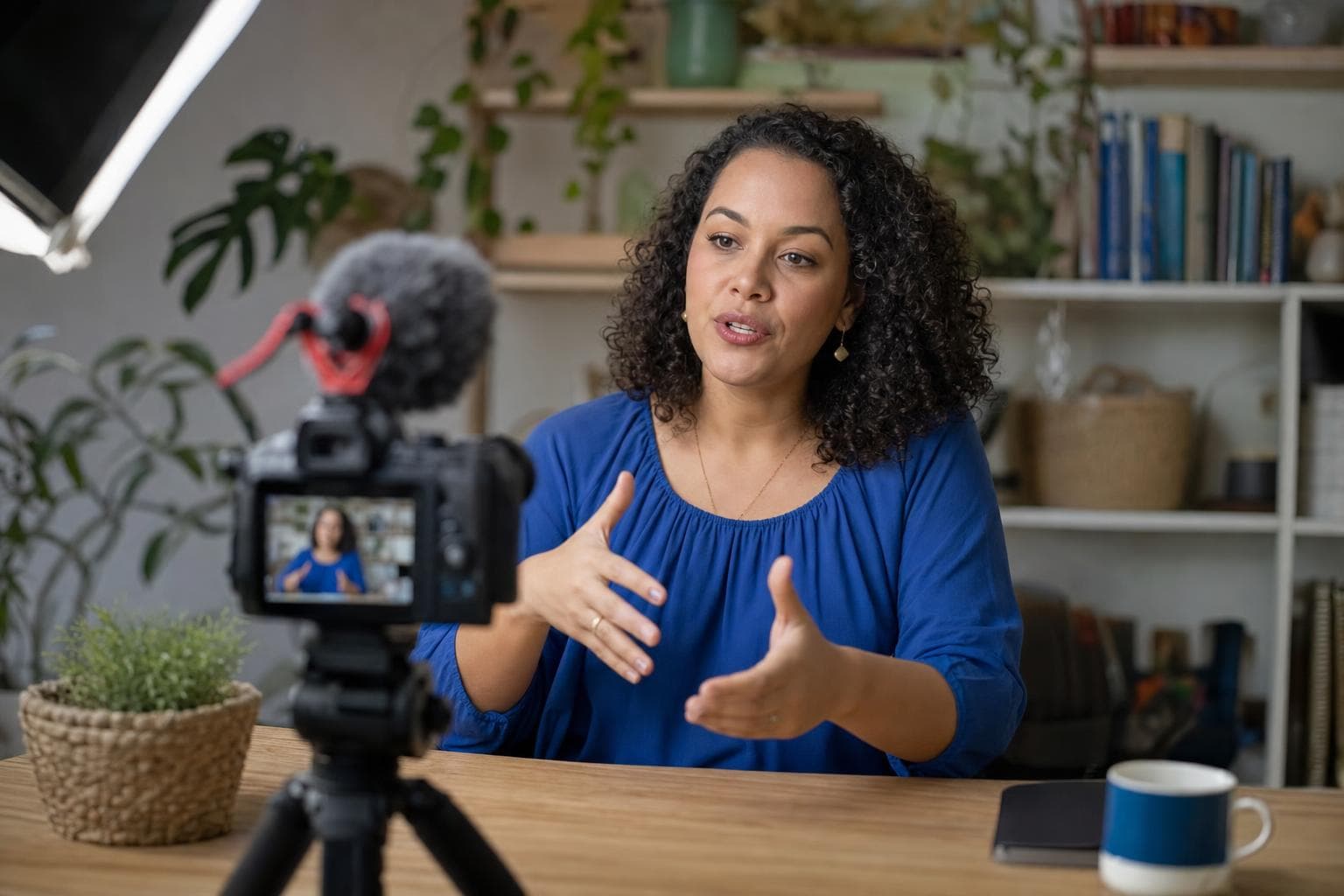 Produtora de conteúdo gravando aula em vídeo com câmera e microfone em um pequeno estúdio caseiro