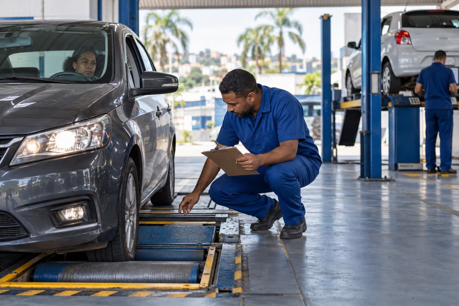 Técnico de uniforme azul inspecionando carro em linha de inspeção com elevador e frenômetro