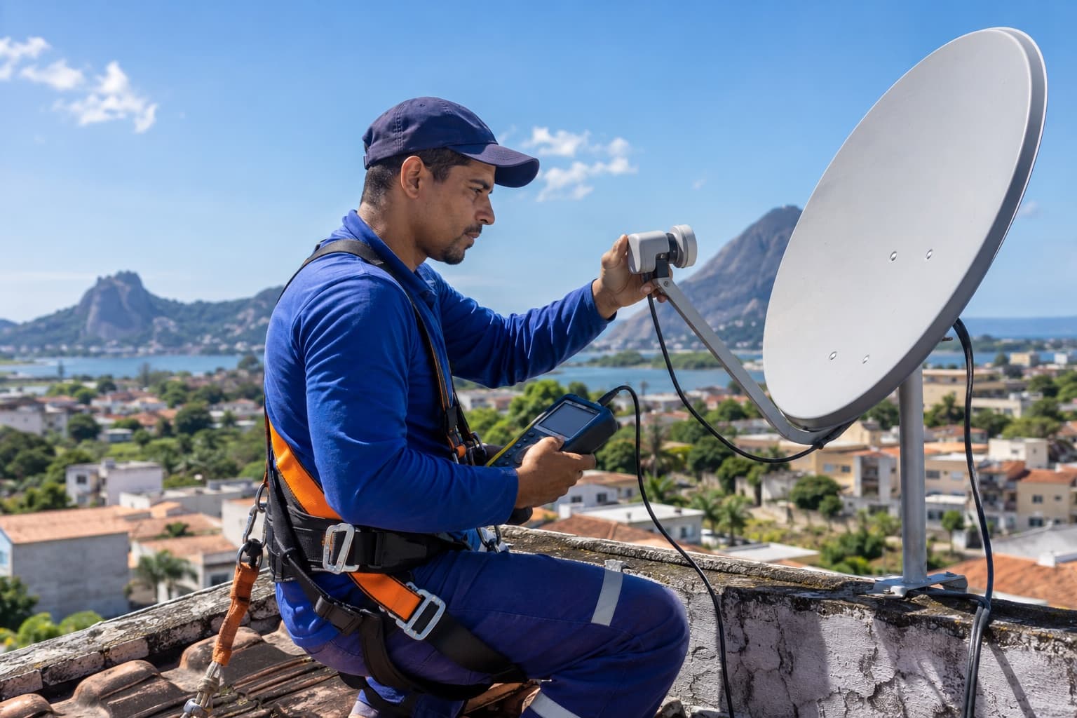 Técnico com cinto de segurança no telhado de uma casa alinhando uma antena parabólica com um medidor de sinal, sob céu azul