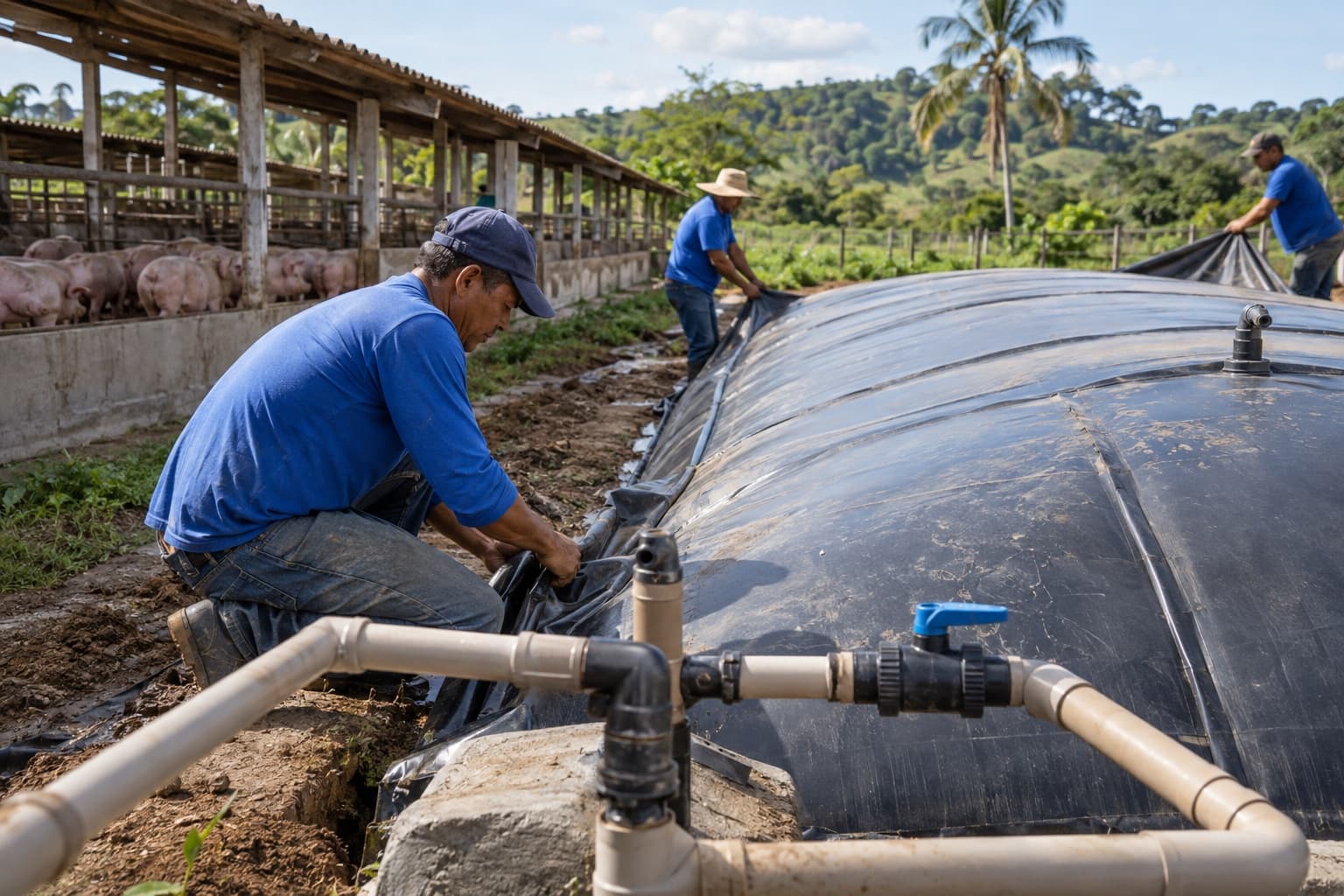 Técnicos de camisa azul instalando a manta de um biodigestor ao lado de uma granja de suínos, com tubos e registros em primeiro plano