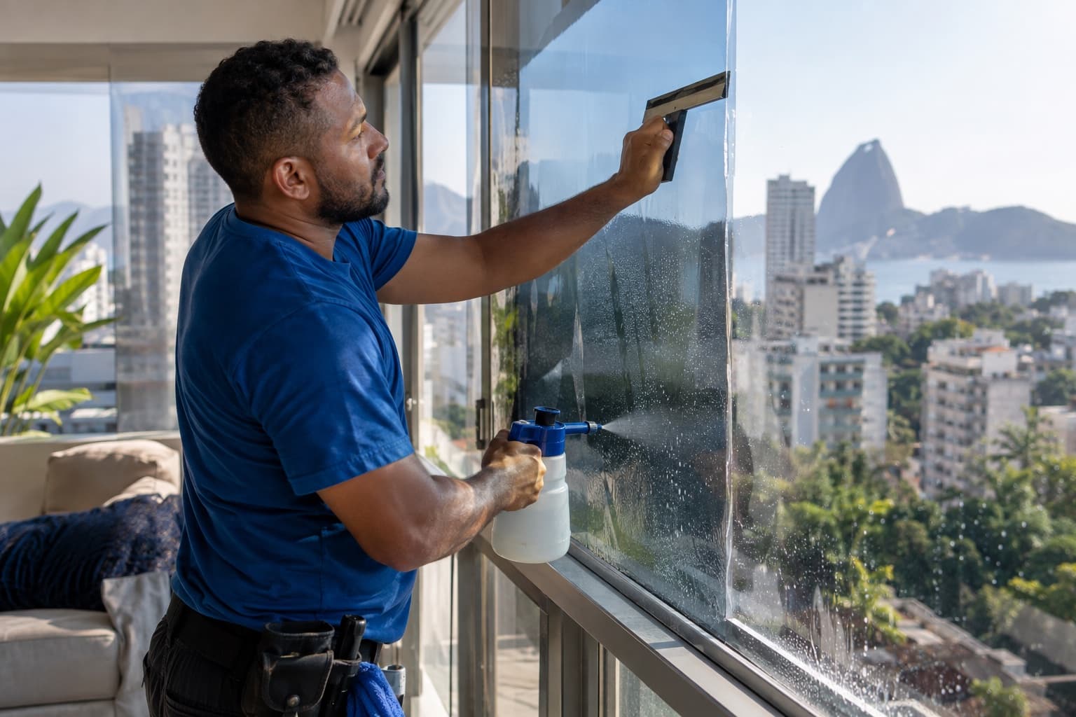 Instalador aplicando película de controle solar em uma grande janela de vidro de apartamento com espátula e borrifador, com luz do sol atravessando o vidro