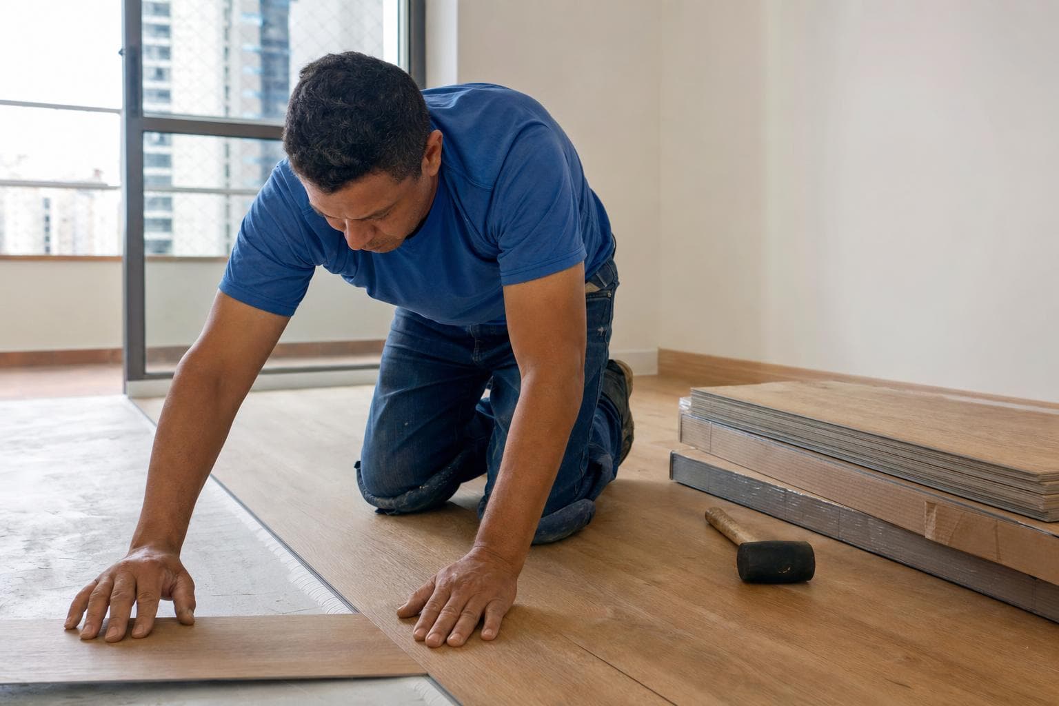 Instalador encaixando régua de piso vinílico em uma sala de apartamento com rodapé ainda por instalar