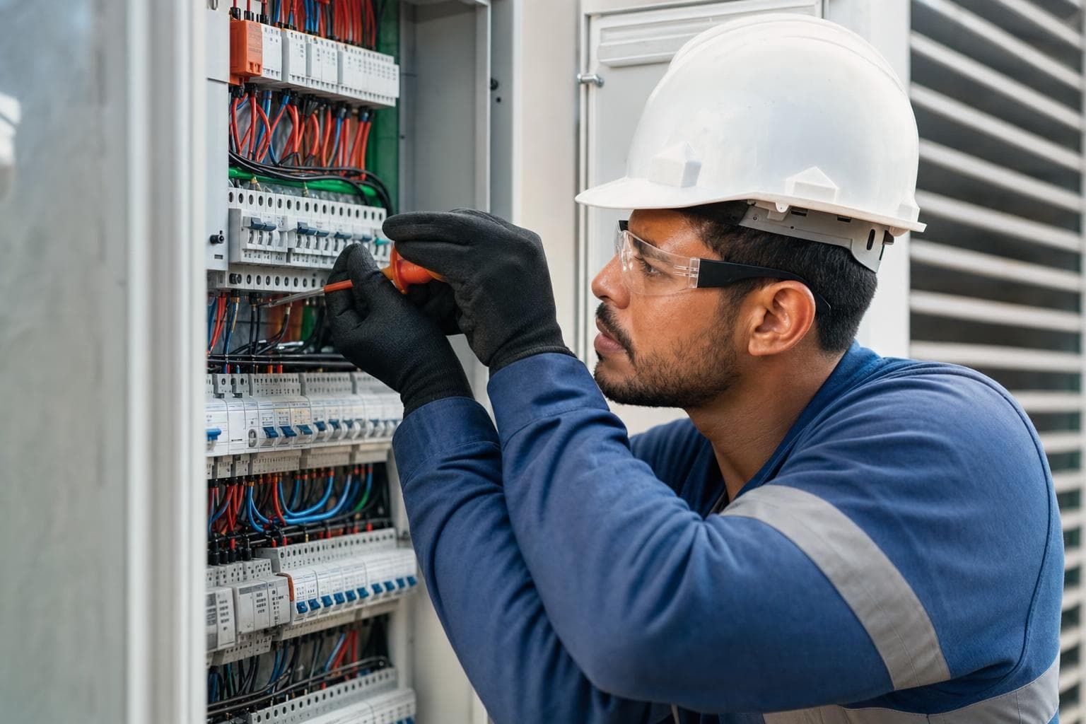 Eletricista montando disjuntores em um quadro de distribuição durante a obra de uma instalação elétrica