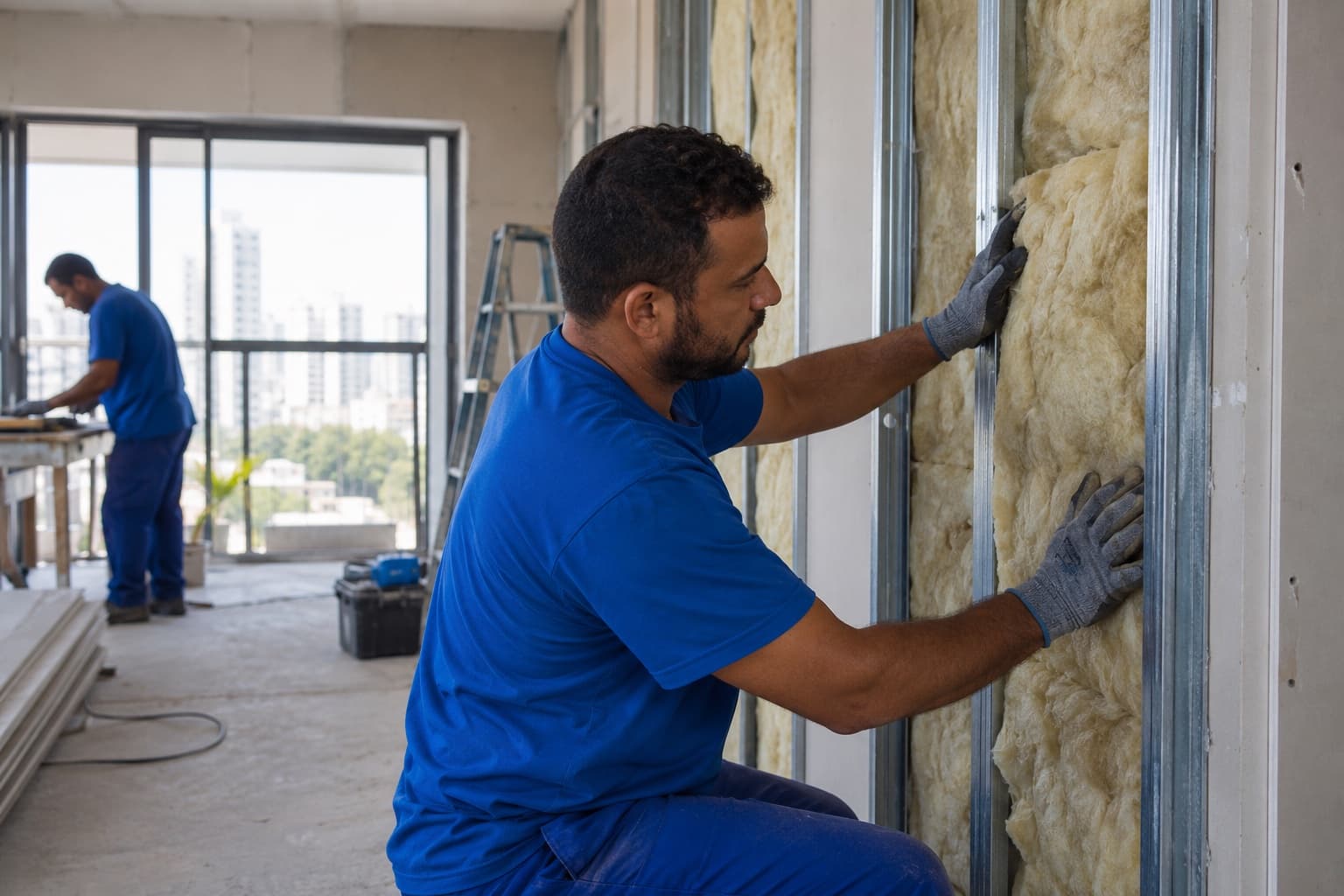 Instalador de uniforme azul colocando painéis de lã mineral entre montantes de drywall em sala em reforma