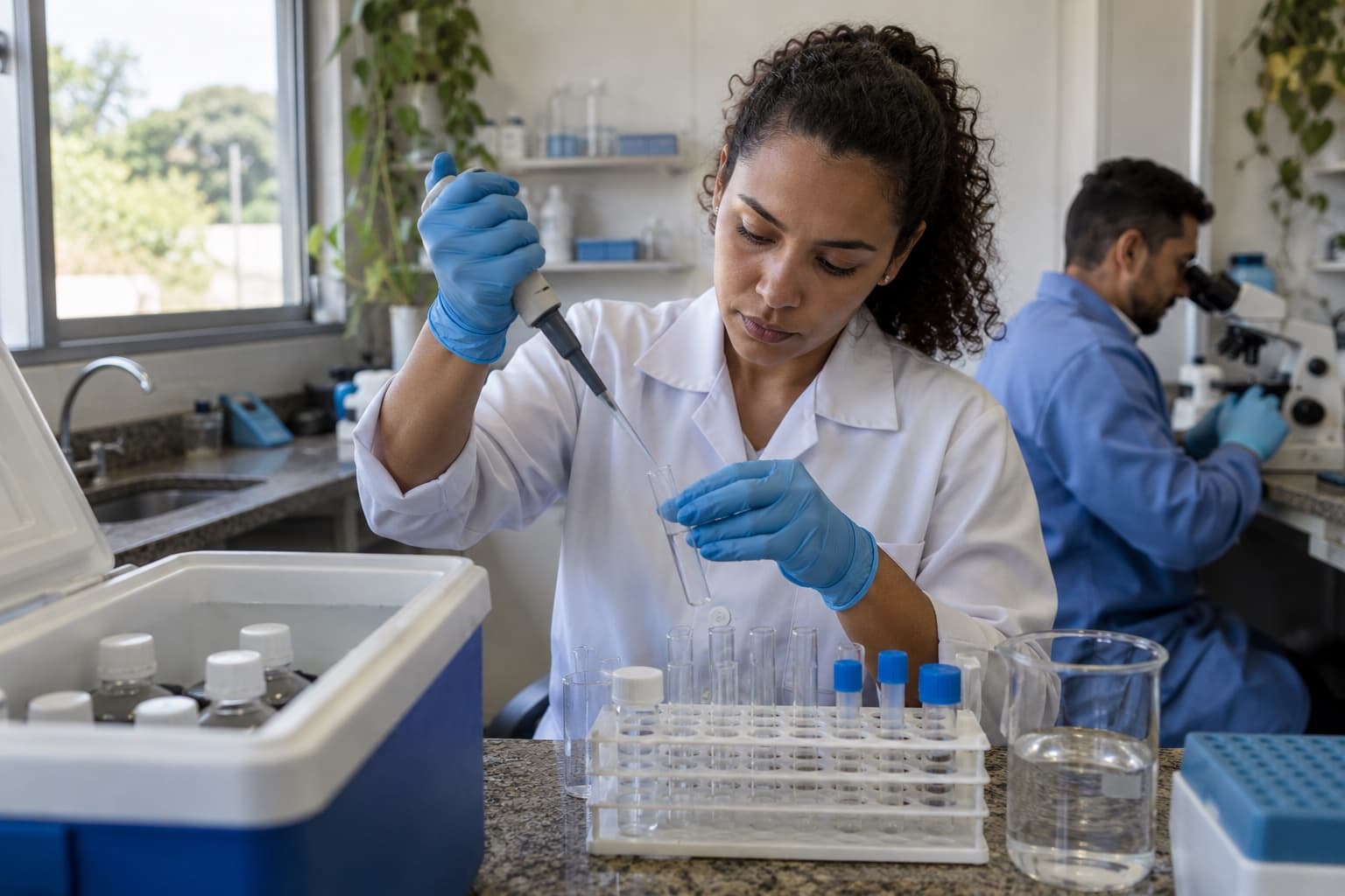 Técnica de laboratório pipetando amostras de água em tubos de ensaio, com frascos de coleta num isopor ao lado